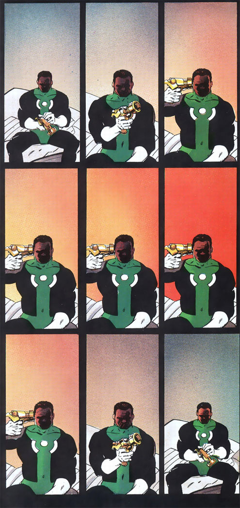 John Stewart tries to commit suicide, as rendered by Mike Mignola.